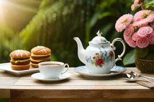 tè e caffè su un' di legno tavolo con fiori nel il sfondo. ai-generato foto