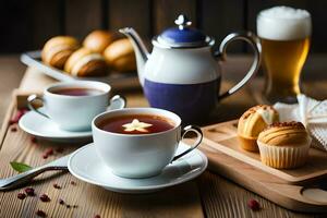 caffè e tè su un' di legno tavolo. ai-generato foto