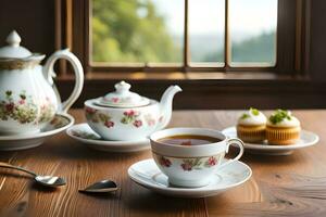 tè e tazza su tavolo con finestra nel sfondo. ai-generato foto