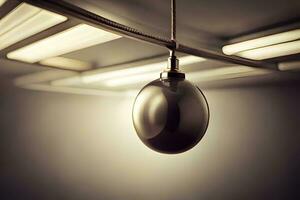 un' leggero lampadina sospeso a partire dal un' soffitto. ai-generato foto