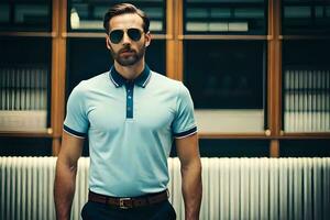 un' uomo nel un' blu polo camicia e occhiali da sole. ai-generato foto