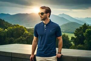 un' uomo nel occhiali da sole e un' blu polo camicia. ai-generato foto