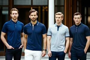 cinque uomini indossare blu e bianca polo camicie. ai-generato foto