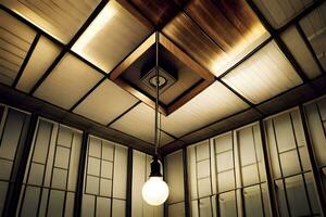 un' leggero lampadina è sospeso a partire dal il soffitto di un' camera. ai-generato foto