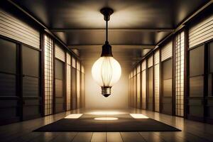 un' leggero lampadina è sospeso nel un' corridoio. ai-generato foto