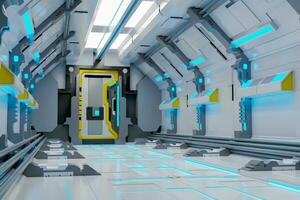 fantascienza grunge corridoio sfondo illuminato con neon luci 3d rendere foto