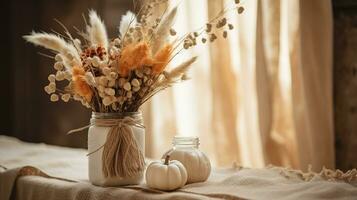 generativo ai, autunno rustico decorazione per casa e celebrazione concetto, zucche e impianti, autunno sfondo foto