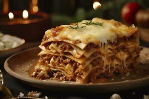 tradizionale italiano cibo lasagne con carne salsa. ai generato foto