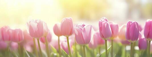 bellissimo rosa tulipano su un' sfocato primavera soleggiato sfondo. generativo ai foto