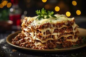 tradizionale italiano cibo lasagne con carne salsa. ai generato foto