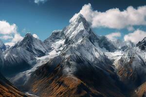 il bellezza di un' maestoso e neve capped montagna gamma, con aspro picchi, ai generativo foto