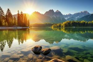 degno di nota estate Alba su Eibsee lago con zugspitze montagna gamma. ai generato foto