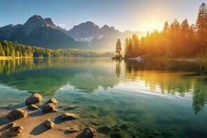 degno di nota estate Alba su Eibsee lago con zugspitze montagna gamma. ai generato foto