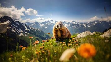 primavera serenità marmotta nel il nevoso montagne generativo ai foto