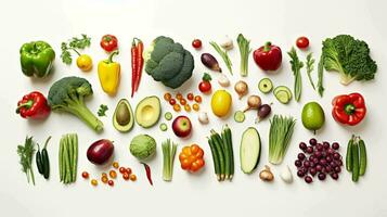 piatto posare foto di vario verdure e frutta su il bianca sfondo, salutare vita concetto