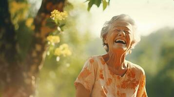 gioioso anziano donna. Abbracciare una persona il bellezza di natura con un' commovente ridere foto