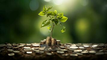 finanziario crescita nel natura. albero prospera su un' letto di monete. ideale per investimento concetti foto