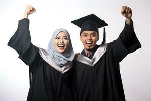 ritratto di giovane musulmano coppia indossare la laurea toga e sparviere ai generativo foto
