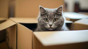 vicino su di grigio gatto seduta nel cartone scatola e guardare a telecamera ai generativo foto