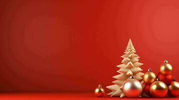 festivo Natale decorazioni e albero. minimalista rosso sfondo, gioioso vacanza atmosfera foto