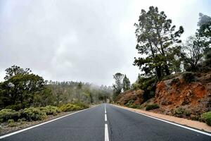 un vuoto strada nel il montagne con alberi e nuvole foto