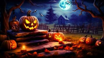 Halloween scena con Jack - o - lanterna zucche nel il primo piano e pieno Luna nel il sfondo. generativo ai foto