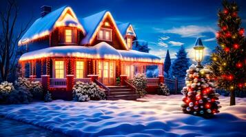 Natale scena con illuminato su Casa e illuminato su Natale albero. generativo ai foto