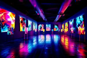 brillantemente illuminato camera con lotto di colorato dipinti su il muri e pavimento. generativo ai foto