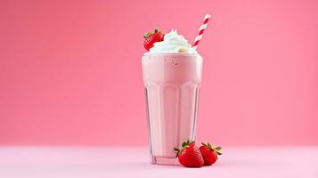 ai generato shake freddo rosa fresco bicchiere frappè cibo cocktail frullato dolce fragola bacca bevanda Yogurt frutta crema dolce latte estate bevanda foto