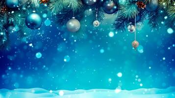 Natale albero con ornamenti sospeso a partire dal è rami su blu sfondo. generativo ai foto