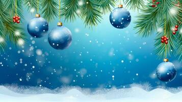 blu Natale ornamento sospeso a partire dal pino albero ramo nel il neve. generativo ai foto