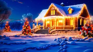 Natale scena con illuminato su Casa e illuminato su Natale albero. generativo ai foto