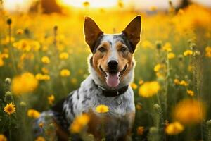 australiano bestiame cane seduta nel prato campo circondato di vivace fiori selvatici e erba su soleggiato giorno ai generato foto