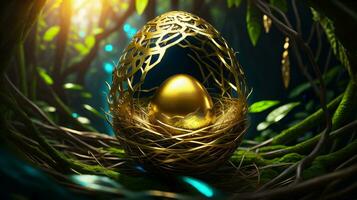 nuovo d'oro uovo nel uccello nido su buio roccia scistosa il d'oro uovo nel il nido generativo ai foto