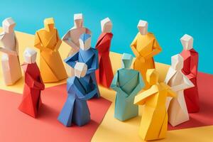 ai generato creatività concorrenza comando successo squadra lavoro di squadra persona concetto Comunità attività commerciale blu origami carta oggetto rosso figura capo sfondo astratto capo gruppo design foto