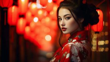 ai generato donne capelli giovane ritratto Asia costume asiatico viso giapponese signora cultura stile moda femmina chimono trucco geisha tradizione bellezza foto