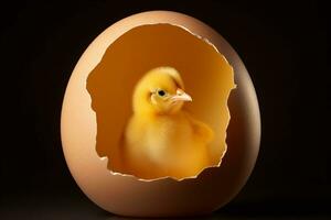 ai generato animale pulcino giovane bambino carino piccolo schiudere pollo minuscolo uovo conchiglia nuovo uccello solo rotto neonato bianca gallina pollame giallo foto