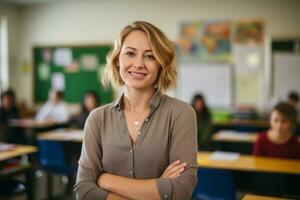 ai generato aula imparare adulto seduta femmina ragazza alunno bellissimo conoscenza studiando formazione scolastica ritratto contento classe scuola persona giovane Università caucasico donne foto