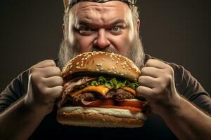sovrappeso uomo mangiare un' delizioso Hamburger foto