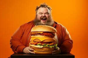 sovrappeso uomo mangiare un' delizioso Hamburger foto