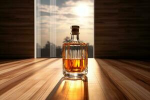 modello di un' whisky o liquore bottiglia su un' naturale stile sfondo foto