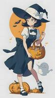 preparazione per Halloween un' carino giovane ragazza e il suo zucca nel anime stile con semplice sfondo foto