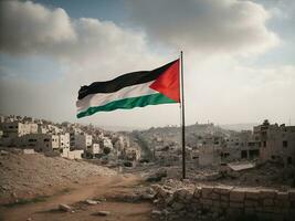 palestinese bandiera con distrutto città, ai generato. foto