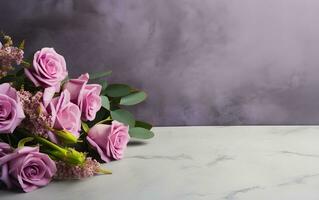 un' mazzo di viola Rose su un' tavolo generativo ai foto