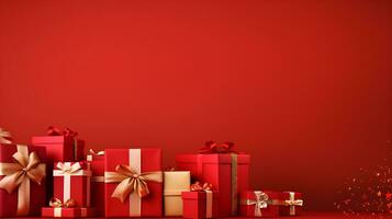 regalo scatole e Natale decorazioni su rosso sfondo, piatto posizione. spazio per testo.ai generativo foto