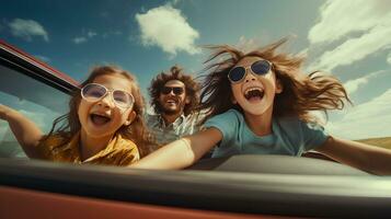 contento un' famiglia di padre e figlia siamo guida lontano su vacanze.ai generativo foto