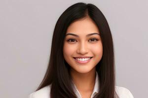 avvicinamento foto ritratto di un' bellissimo giovane asiatico donna sorridente con pulito denti su grigio background.generative ai.