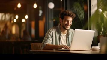 un' giovane uomo Lavorando su un' computer portatile, ragazzo libero professionista o un' alunno con un' computer nel un' bar sfondo bokhe.ai generativo foto