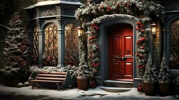 generativo ai, davanti porta con Natale decorazione, ghirlanda e ghirlanda. rosso e grigio colori foto