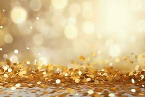 d'oro luccichio bokeh astratto sfondo. Natale e nuovo anno concetto, d'oro coriandoli su un' leggero sfondo. festivo astratto sfondo con bokeh effetto, ai generato foto